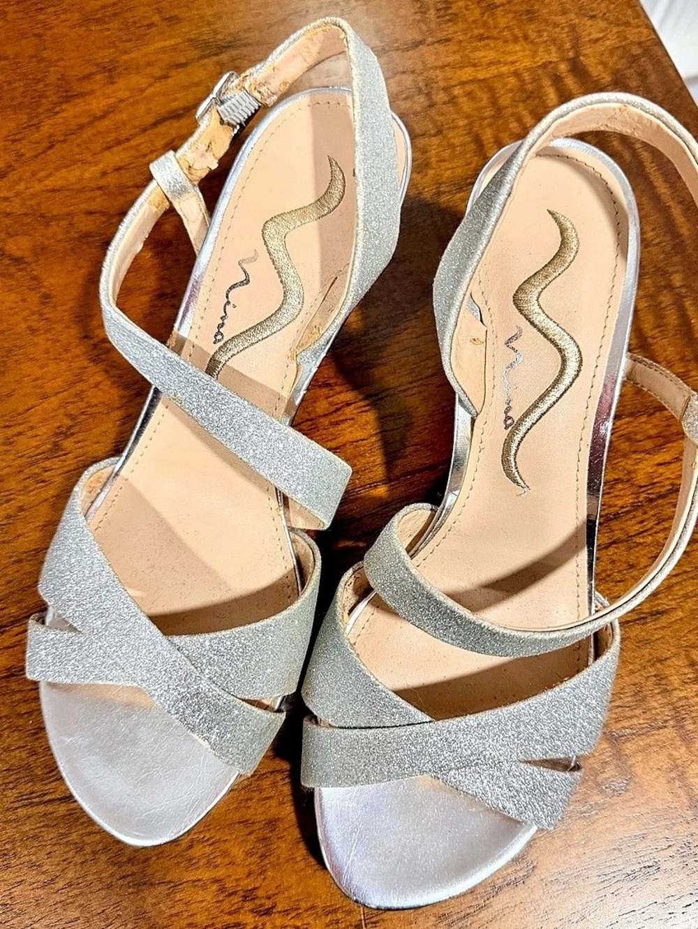Nina Nazlee Silver Glitter Strappy Platform Heels Evening Sandals [Insert Size 6